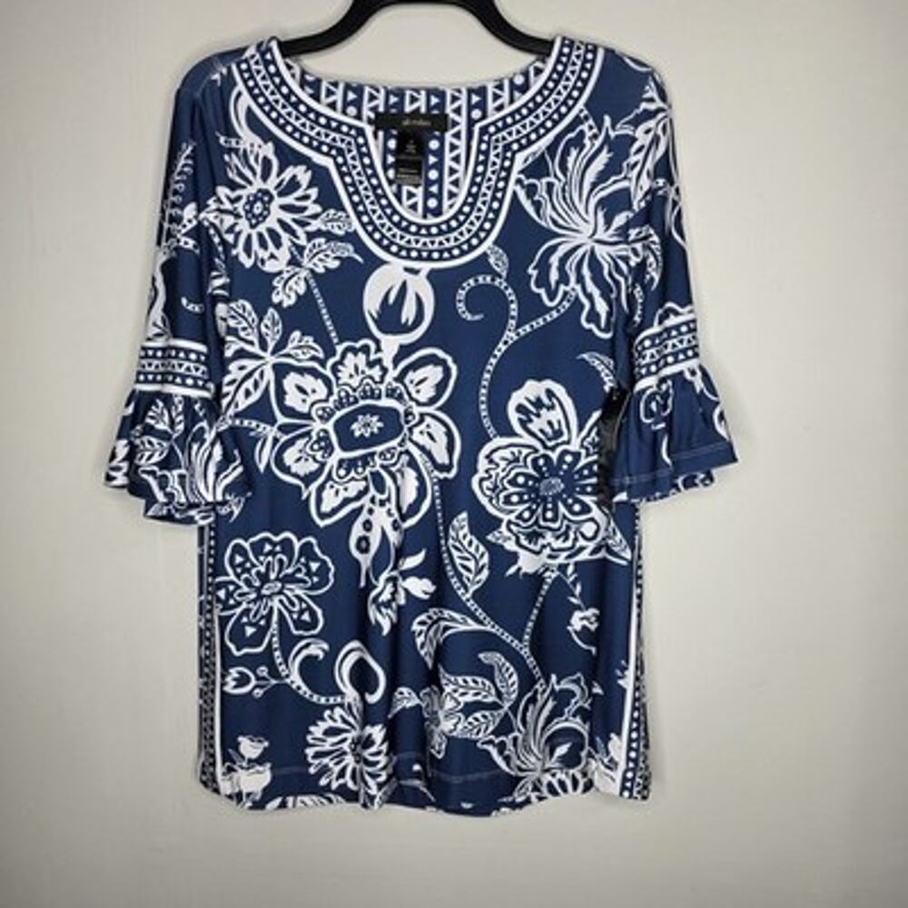 Ali Miles Womens Blouse Small Blue White Floral Bell Sleeve Artsy Top